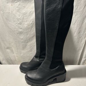 Steve Madden black leather & fabric 2” chunky heel kneehigh boots 5.5 NWT